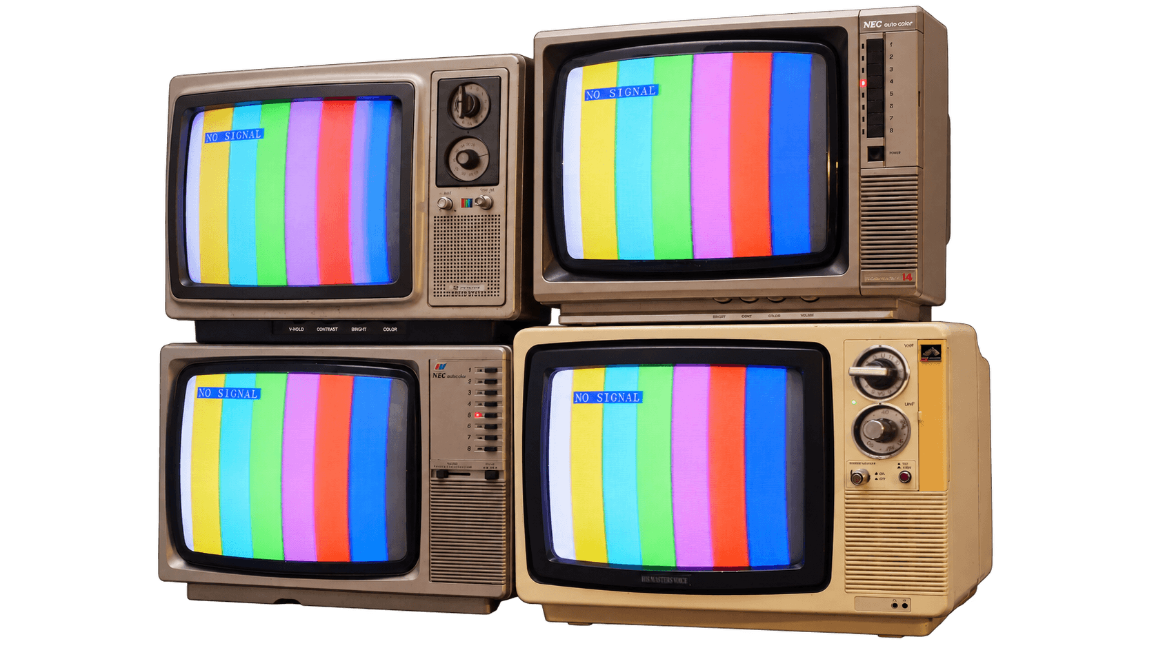 Four CRT televisions stacked two-by-two, all showing colour bars