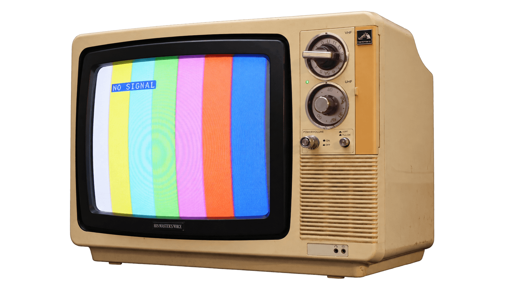 HMV 14-inch CRT television showing colour bars
