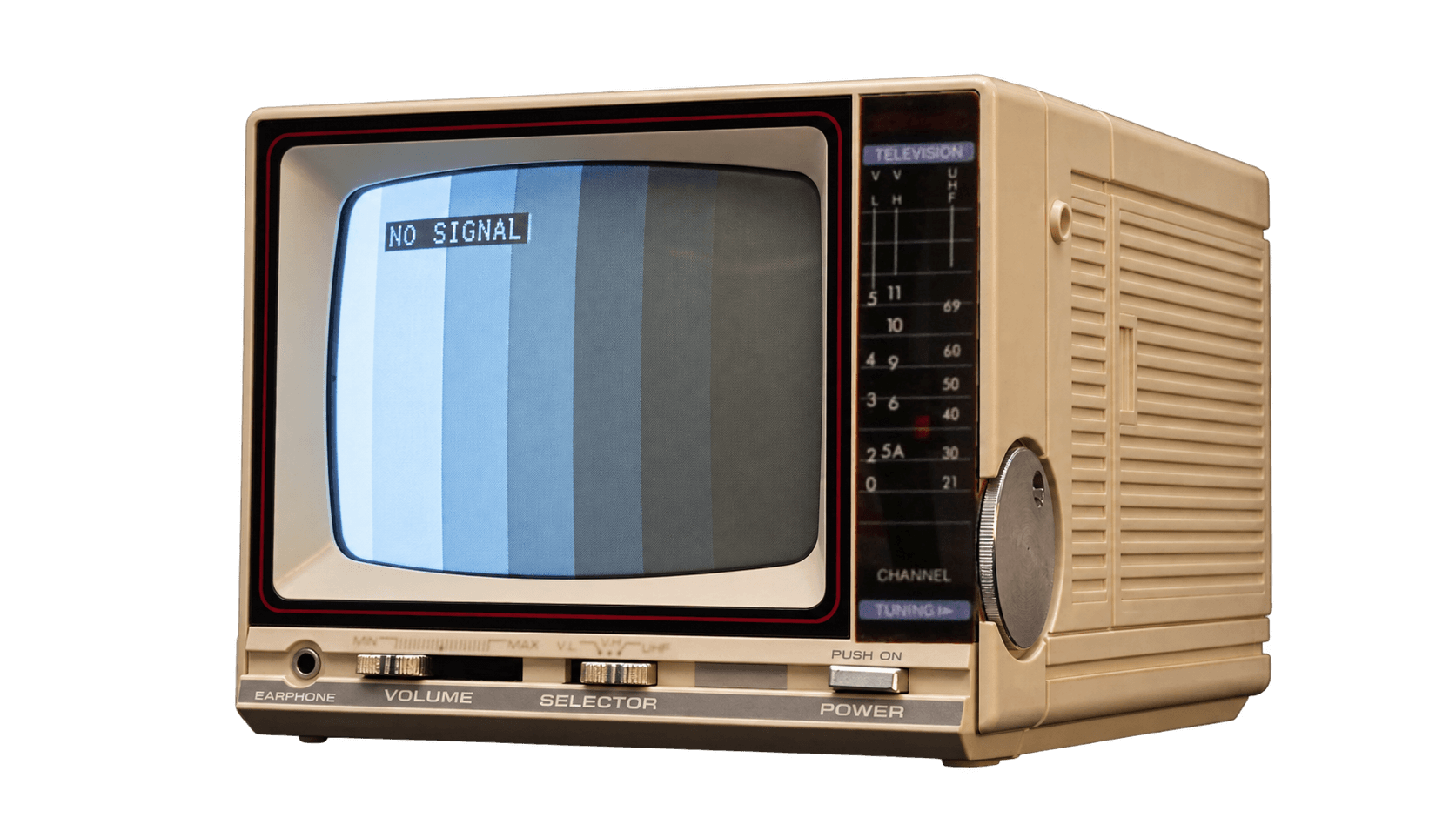 Cream portable television reading NO SIGNAL