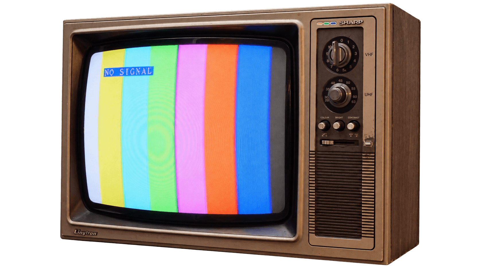 Sharp 20-inch CRT television showing colour bars