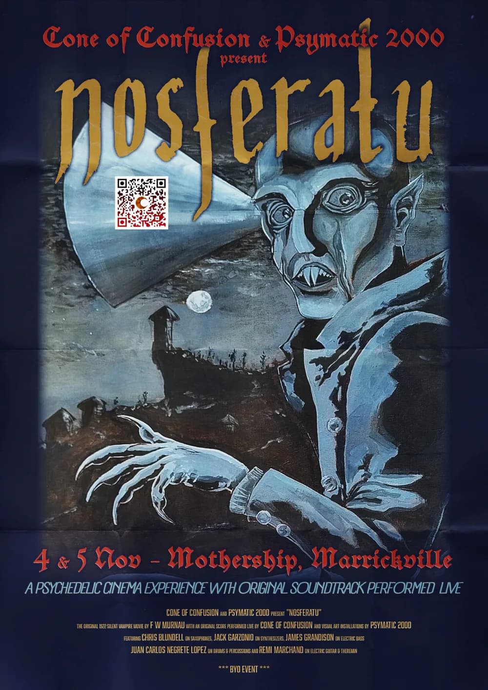 Poster for the Nosferatu live score: a painted, blue-toned Count Orlok under gold gothic lettering, 4 and 5 Nov at Mothership, Marrickville
